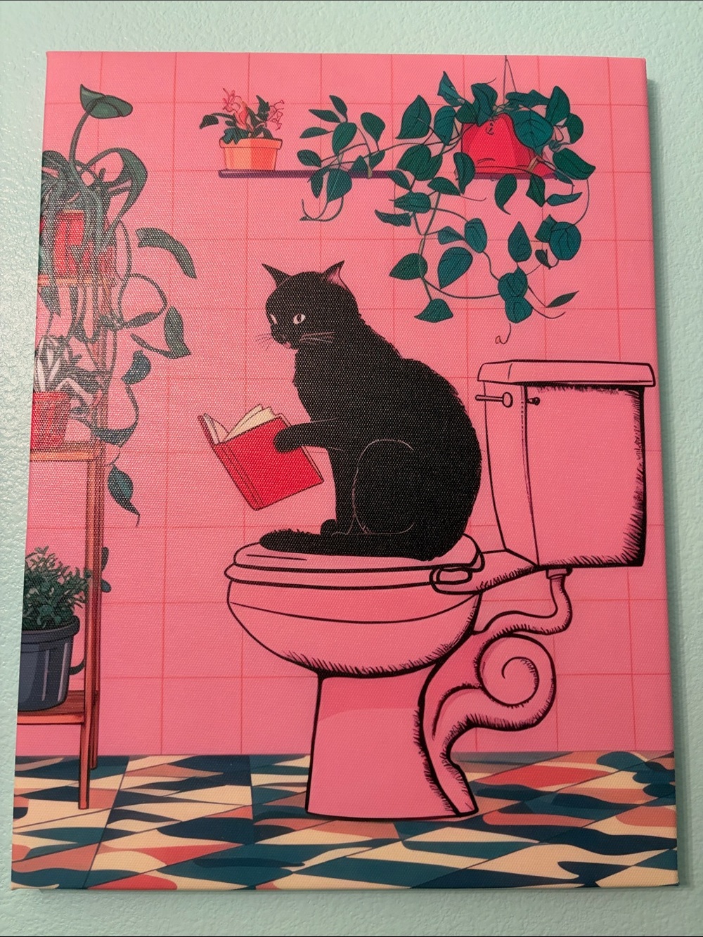 Pink Cat Toilet Illustration Wall Art Print